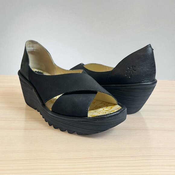 Fly London Black Wedge Sandals - Picture 1 of 9